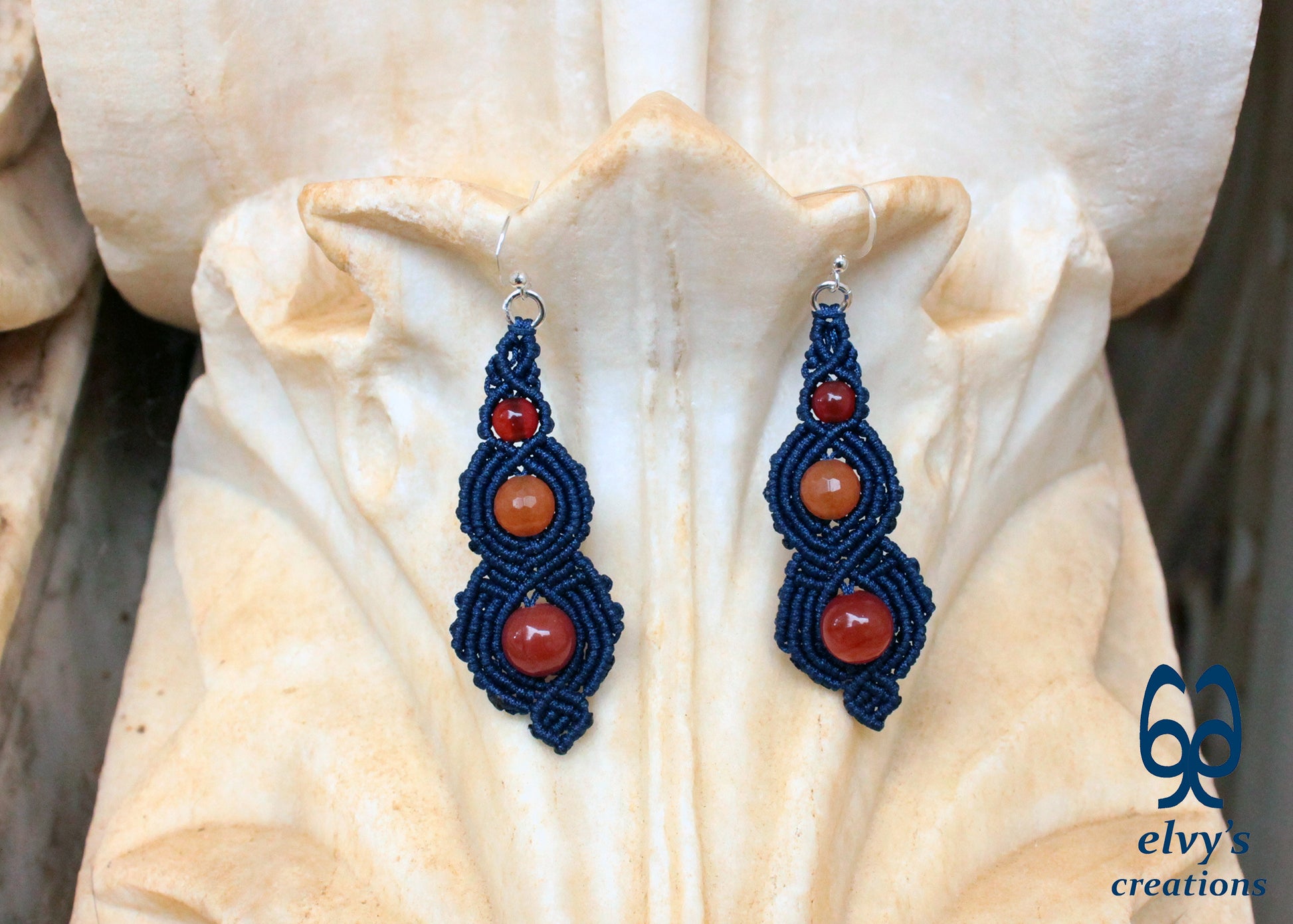 Blue Macrame Beaded Earrings, Carnelian Gemstone Beads, Silver Dangle Earrings, Birthday Gift for Women