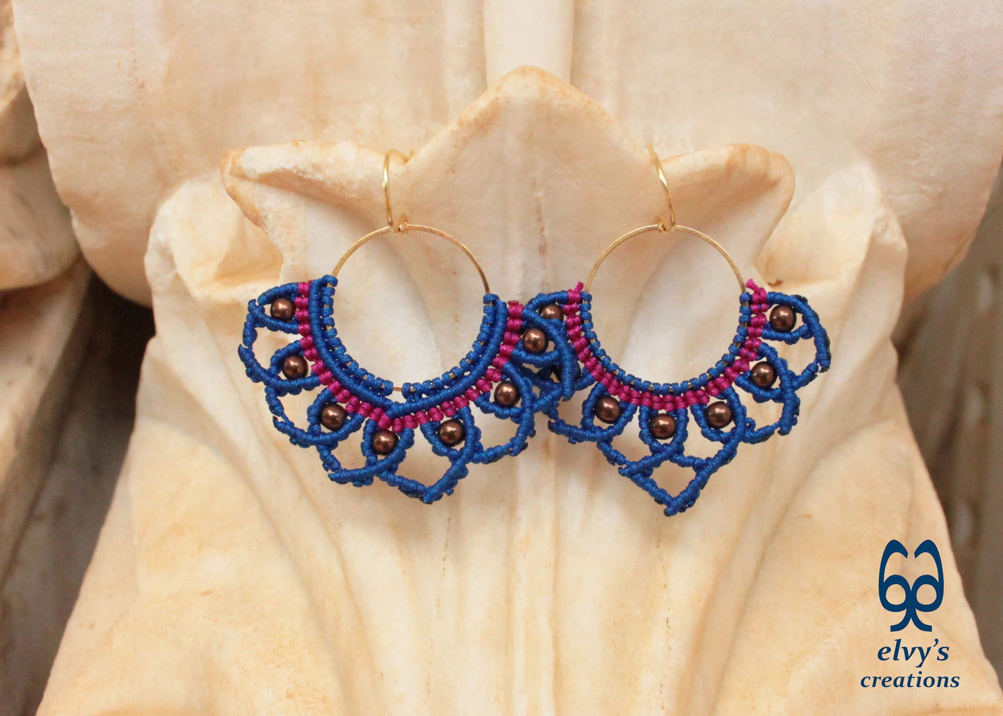 Blue Macrame Earrings with Hematite Gemstones Lotus Gold Hoop Earrings