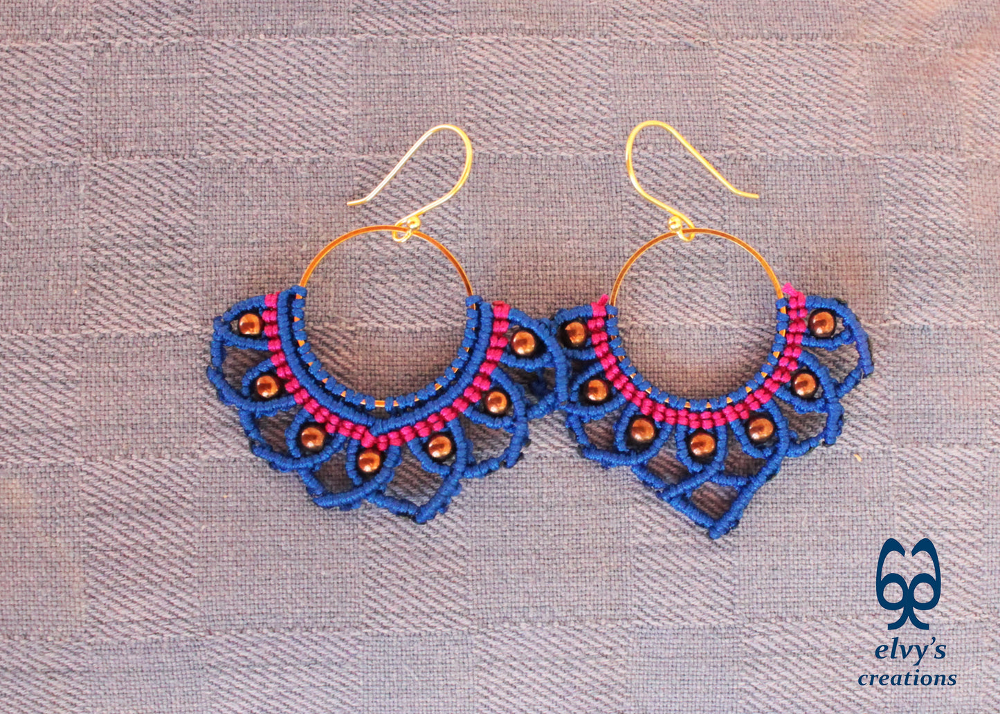 Blue Macrame Earrings with Hematite Gemstones Lotus Gold Hoop Earrings