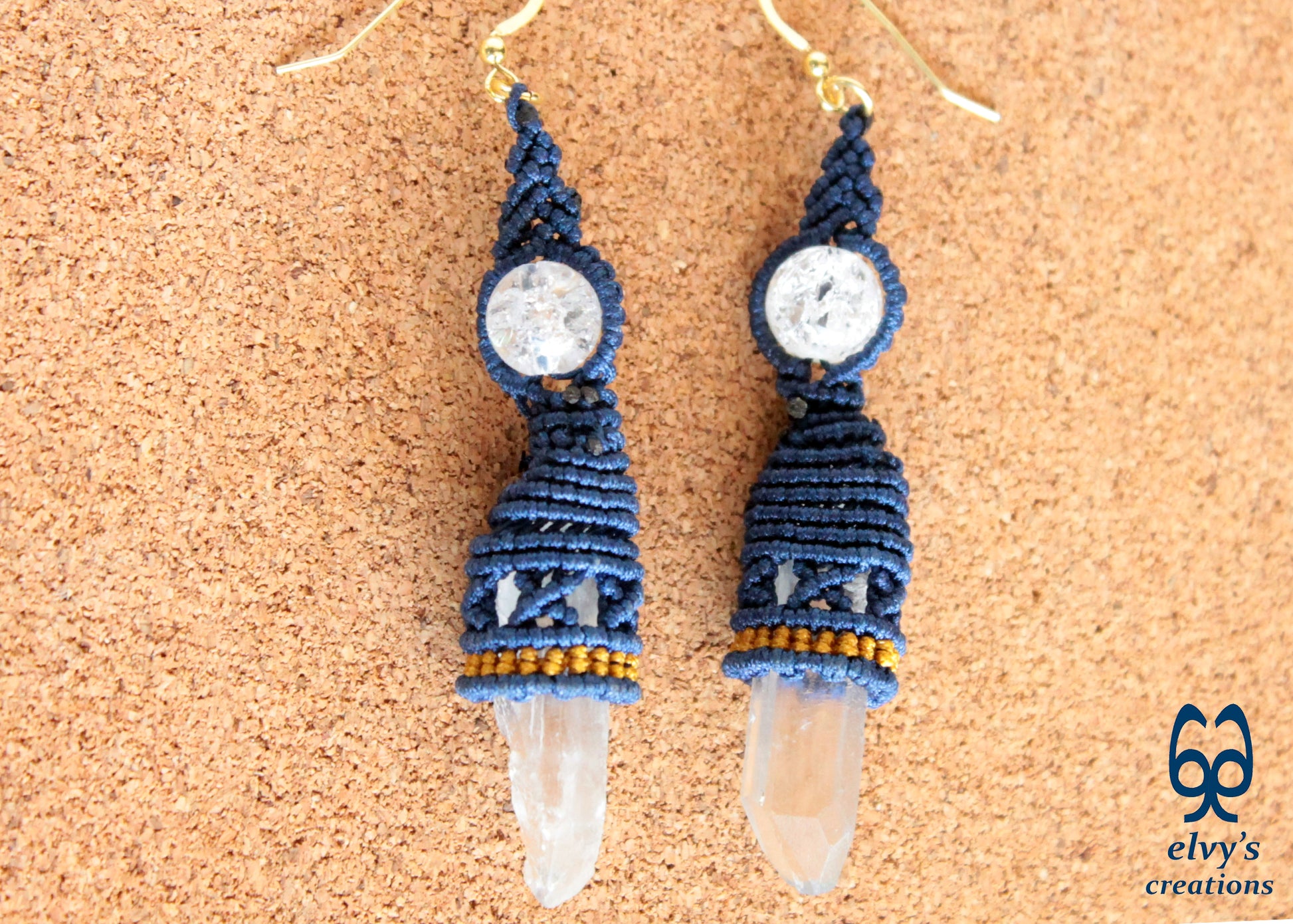 Handmade Gold Macrame Earrings, Raw Crystal Handmade Jewelry, Birthday Gift for Women