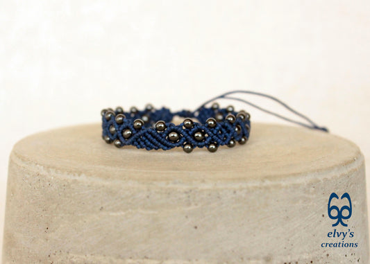 Blue Macrame Bracelet with Gray Hematite Gemstone Beaded Cuff, Unique Birthday Gift for Women