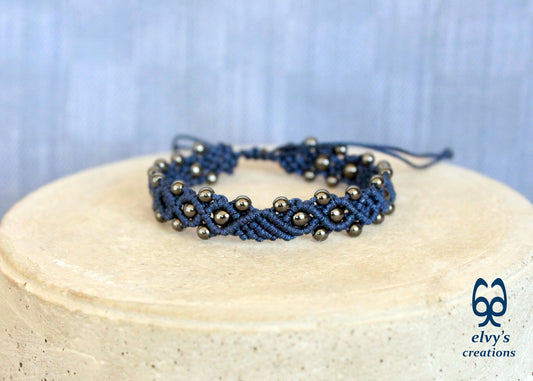 Blue Macrame Bracelet with Gray Hematite Gemstone Beaded Cuff, Unique Birthday Gift for Women