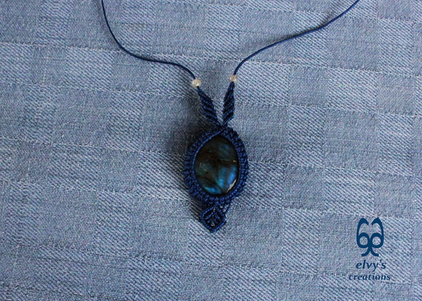 Blue Macrame Necklace Labradorite Pendant Lace Macrame Wrapped Gemstone