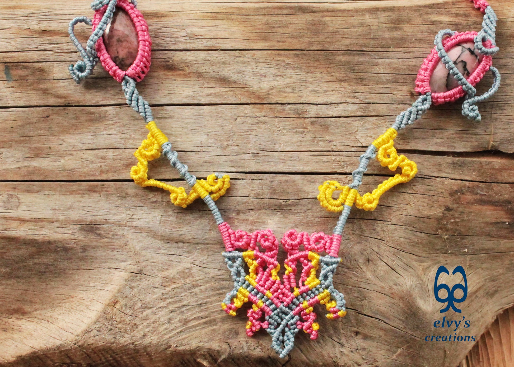 Blue Macrame Necklace with Pink Rhodonite Gemstones Yellow Adjustable Necklace