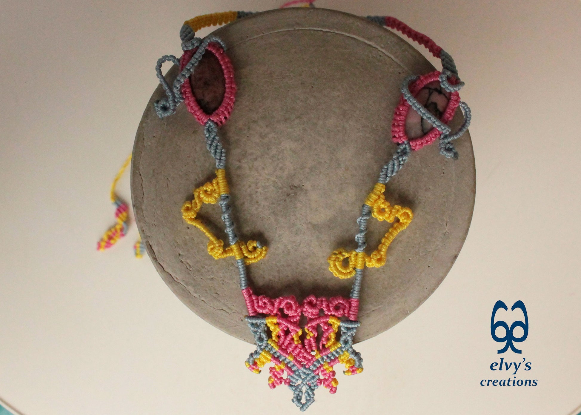 Blue Macrame Necklace with Pink Rhodonite Gemstones Yellow Adjustable Necklace