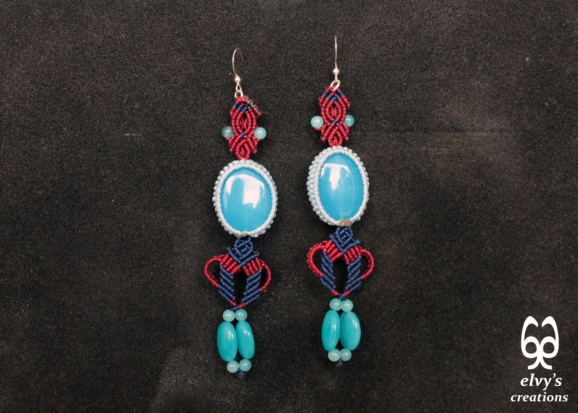 Dark Blue and Red Macrame Earrings with Blue Agate Gemstones Gift for Her Gemini Healing Macrame Stone