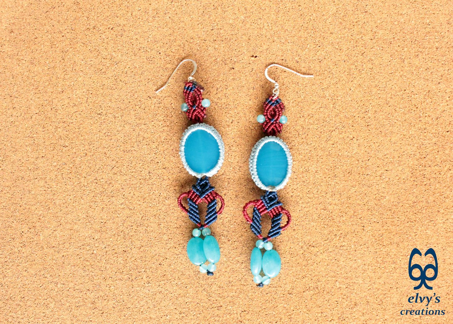 Dark Blue and Red Macrame Earrings with Blue Agate Gemstones Gift for Her Gemini Healing Macrame Stone