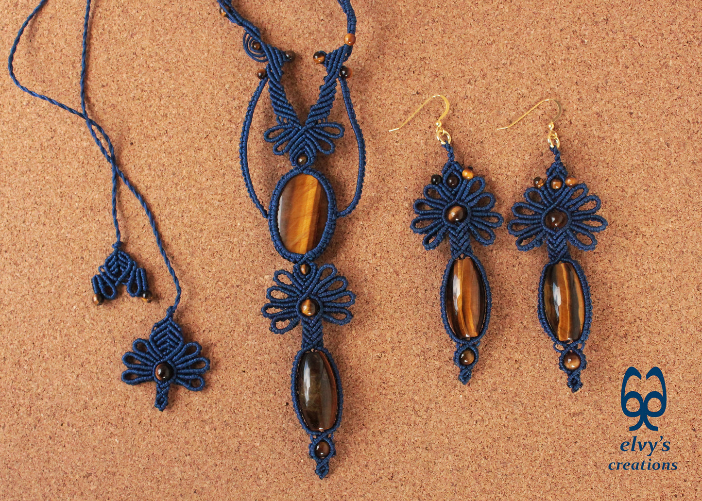 Blue Jewelry Set with Tiger Eye Gemstones Macrame Necklace and Earrings 