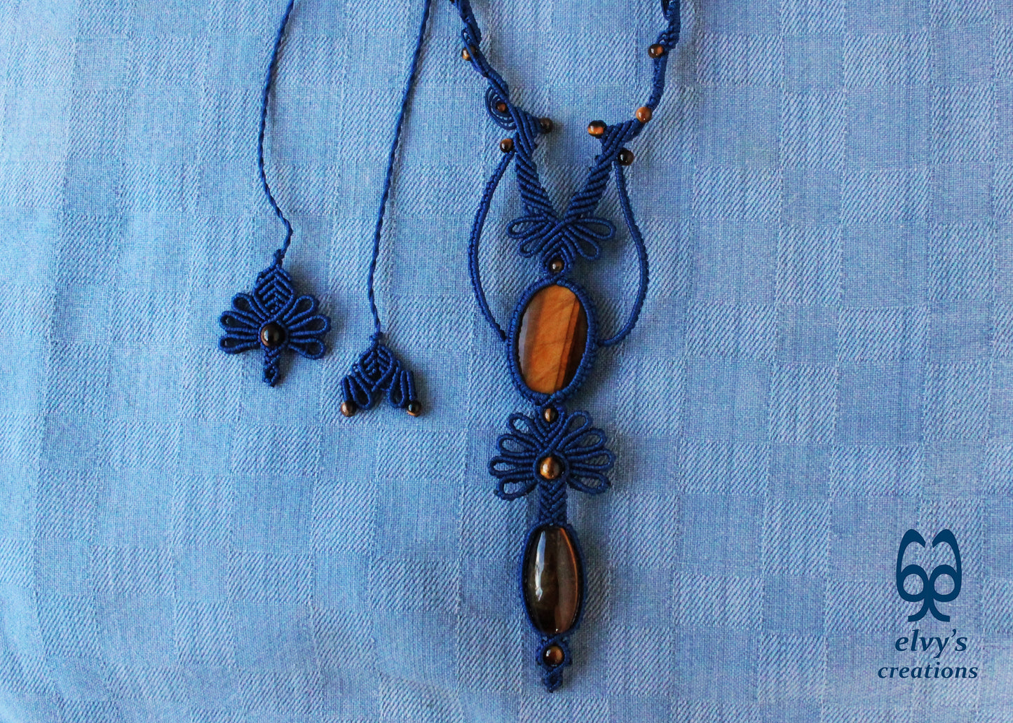Blue Macramé Necklace with Tiger Eye Adjustable Flower Necklace Boho Blue Necklace