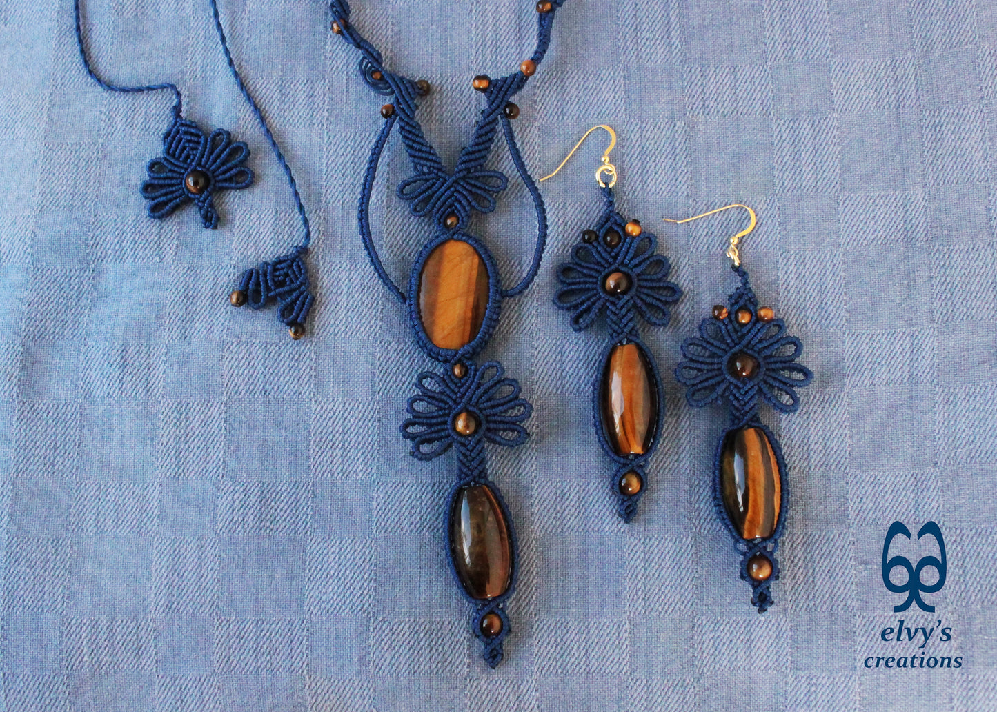 Blue Jewelry Set with Tiger Eye Gemstones Macrame Necklace and Earrings 