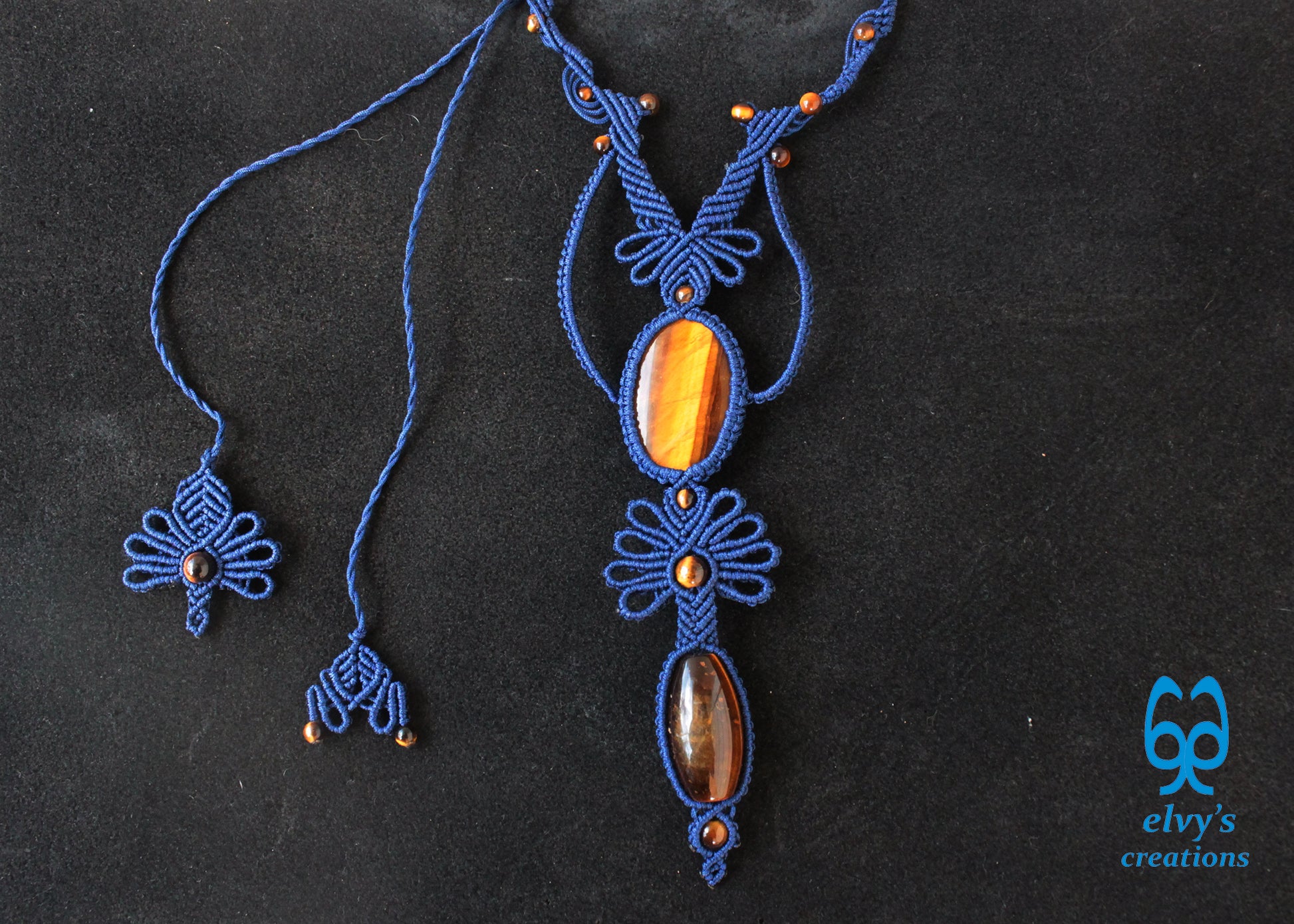 Blue Macramé Necklace with Tiger Eye Adjustable Flower Necklace Boho Blue Necklace