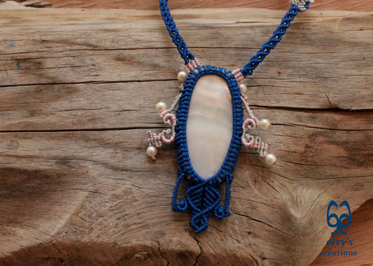 Blue Macrame Choker Necklace with Pearl Gemstones Lace Choker Necklace