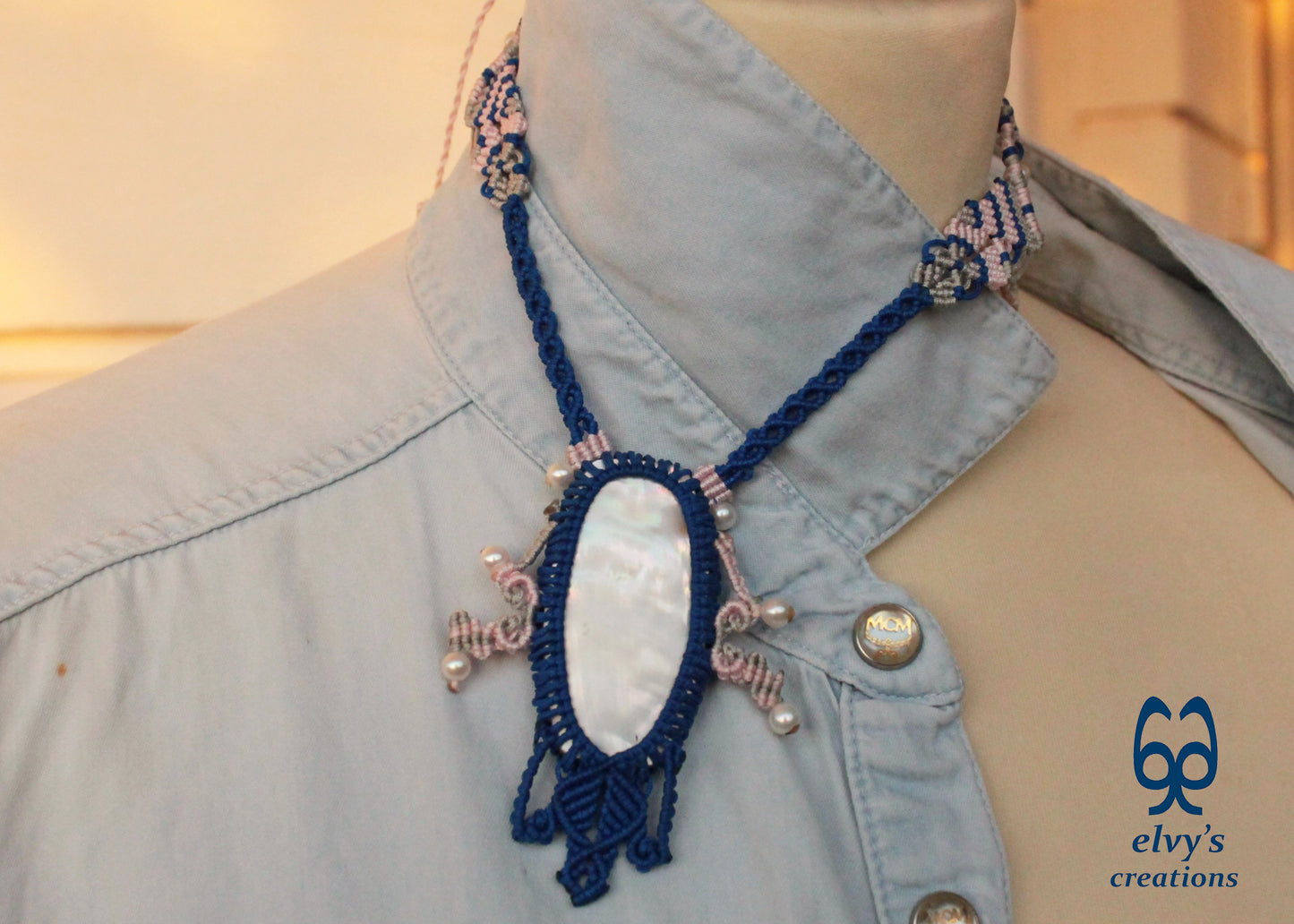 Blue Macrame Choker Necklace with Pearl Gemstones Lace Choker Necklace