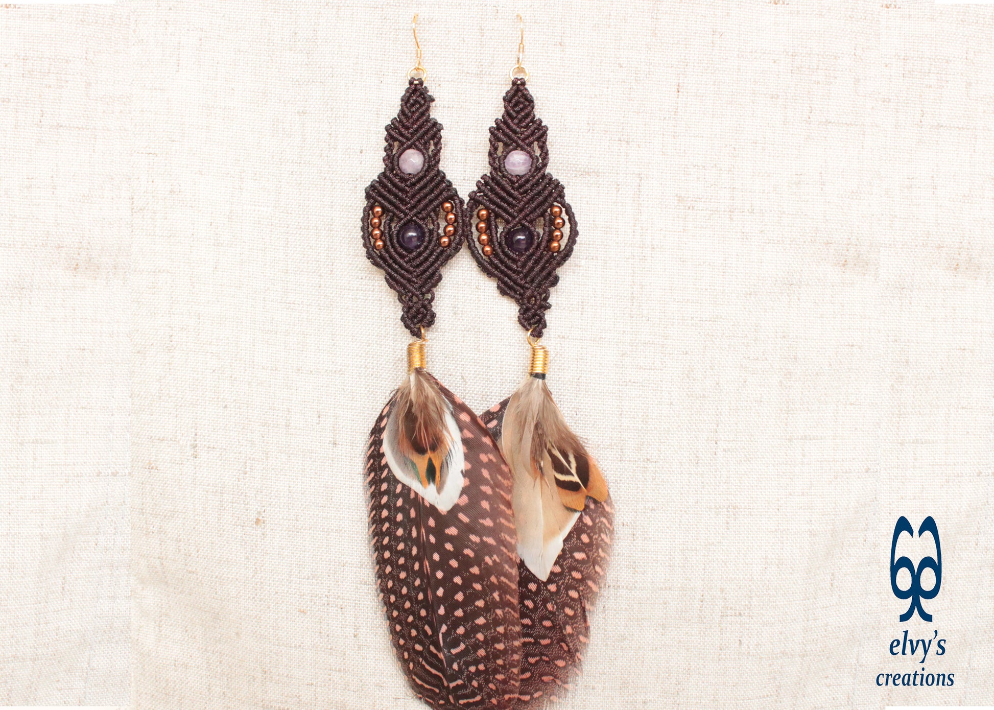 Brown Macrame Beaded Earrings with Amethyst, Quartz and Hematite Gemstones and feathers