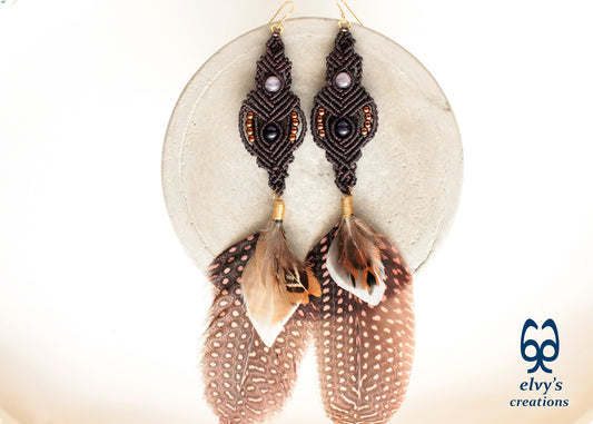 Brown Macrame Beaded Earrings with Amethyst, Quartz and Hematite Gemstones and feathers