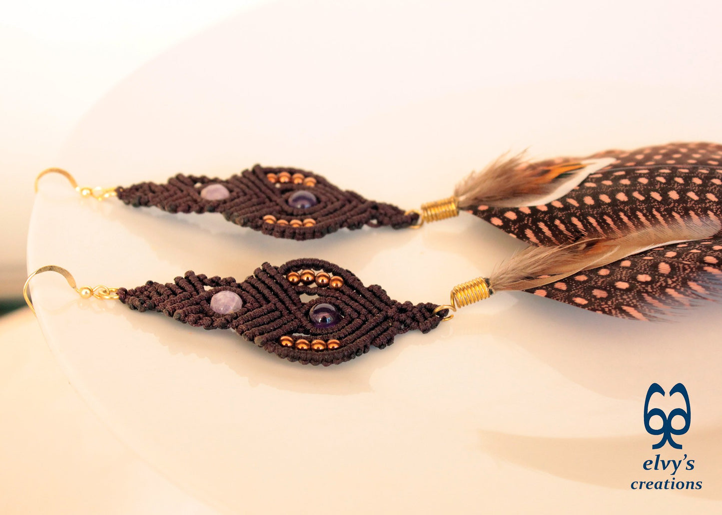 Brown Macrame Beaded Minimal Handmade Earrings Amethyst, Quartz Gemstones feathers