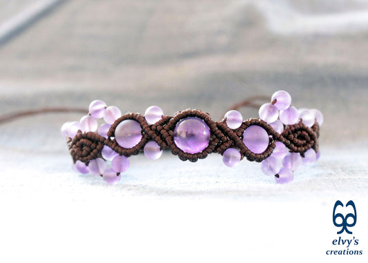 Amethyst Macrame Bracelet, Gemstone Beaded Cuff, Unique Birthday Gift for Women