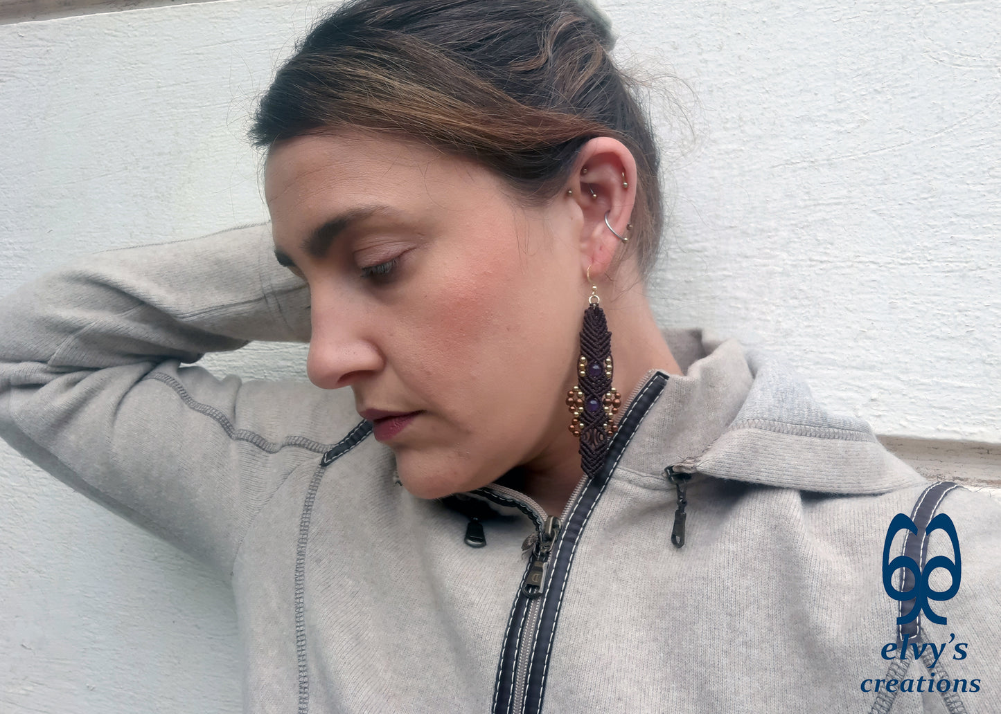Brown Macramé Earrings with Amethyst and Hematite Gemstones