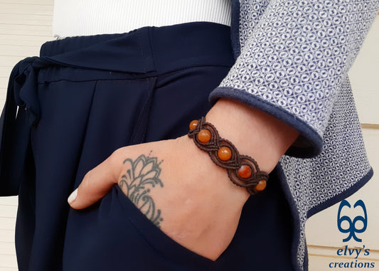 Handmade Macrame Bracelet, Carnelian Gemstone Beaded Cuff, Unique Birthday Gift for Women