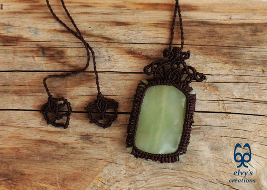 Handmade Brown Macrame Necklace with Chalcedony Gemstone Adjustable Lace Necklace