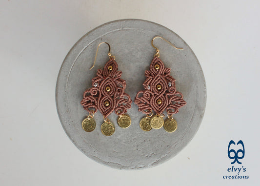 Brown Macrame Silver Earrings Dangle with Hematite Healing Gemstones Gold Coins 