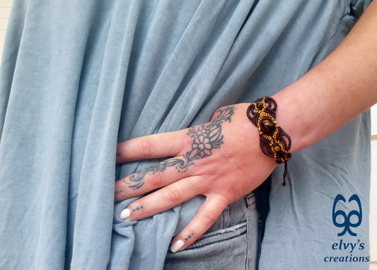 Brown and Gold Macrame Tiger Eye and Hematite Beaded Bracelet Gift for Men or Women Nature Wildlife Collection