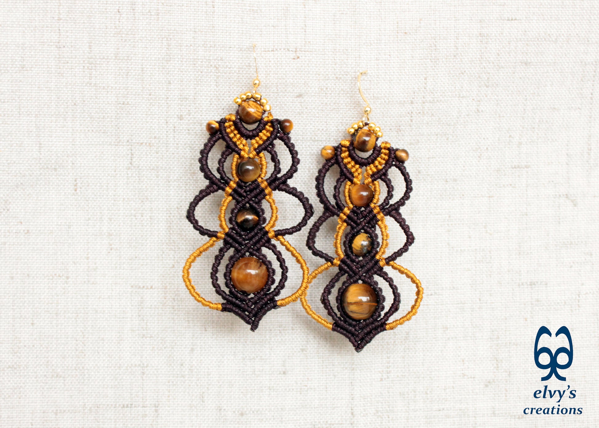Brown and Gold Macrame Earrings with Tiger Eye Gemstones, Gemstone Handmade Earrings for Women, Unique Birthday Gift