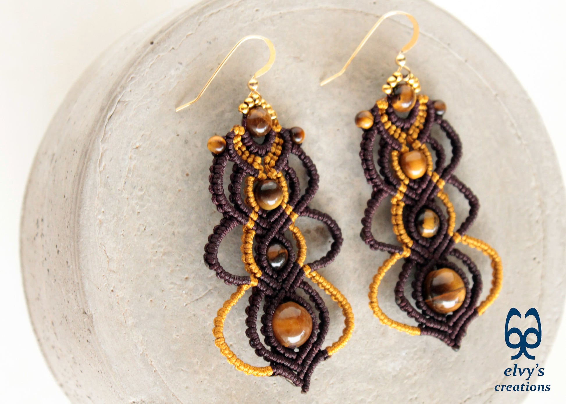 Brown and Gold Macrame Earrings with Tiger Eye Gemstones, Gemstone Handmade Earrings for Women Unique Birthday Gift