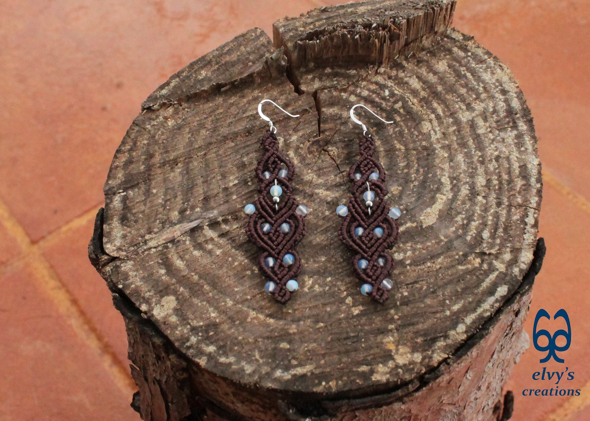 Brown Macrame Earrings with Moonstones Brown Lace Rainbow Moonstone Gemstones Boho Macrame Earrings 
