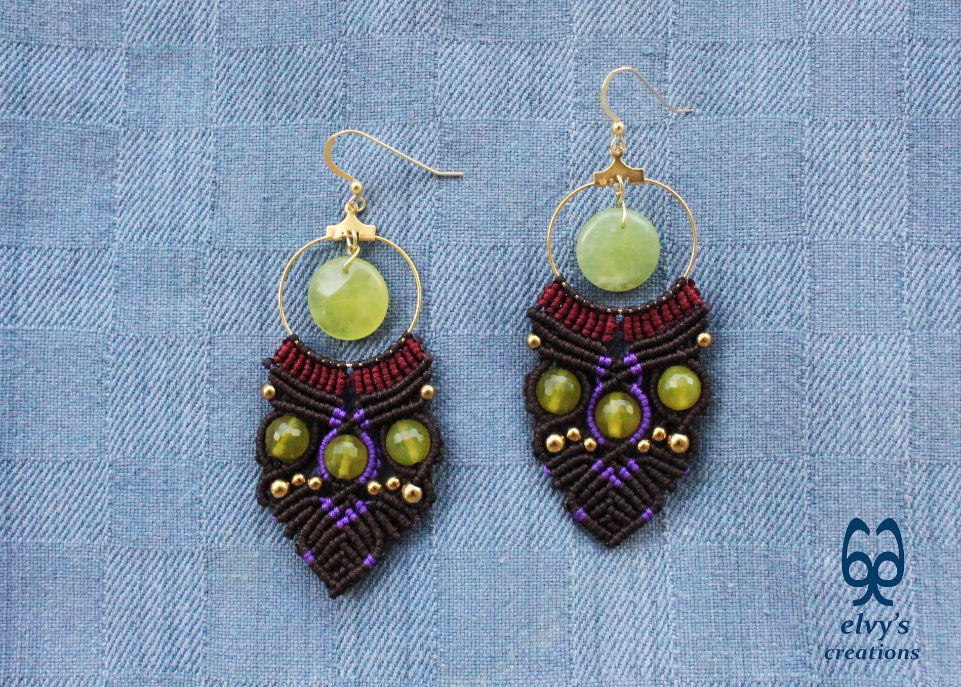 Brown Macrame Earrings with Jade Gemstones Green Dangle Hoop Earrings
