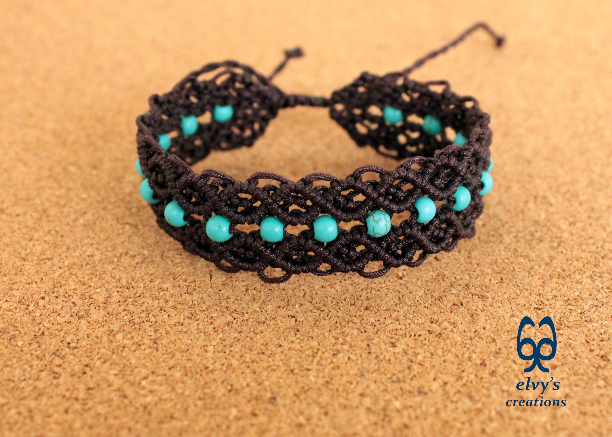 Brown Macrame Bracelet Turquoise Gemstones Adjustable Cuff Bracelet with Healing Gemstones Gift for Women