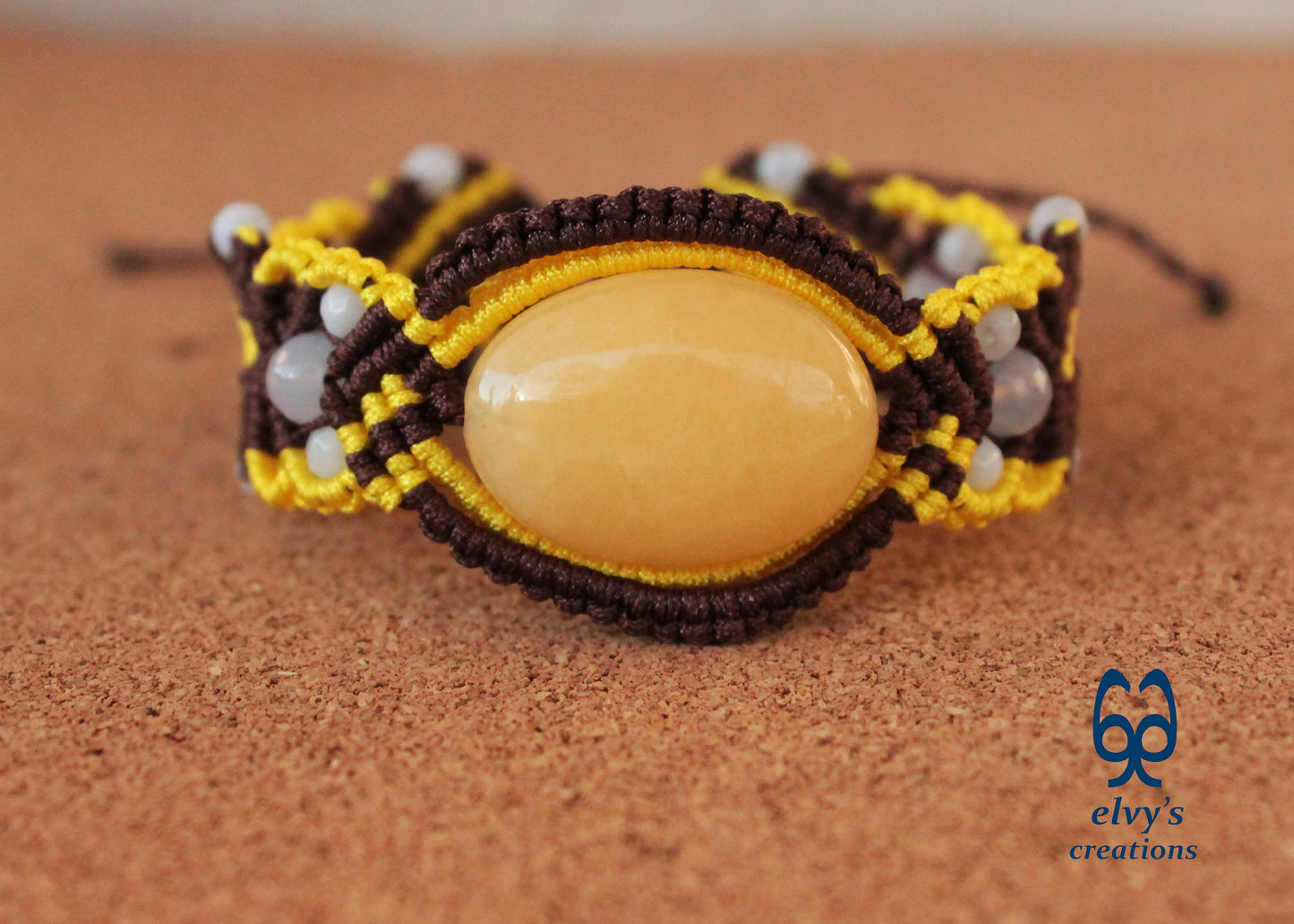 Brown Macrame Bracelet with Pink Yellow Chalcedony Gemstones Adjustable 