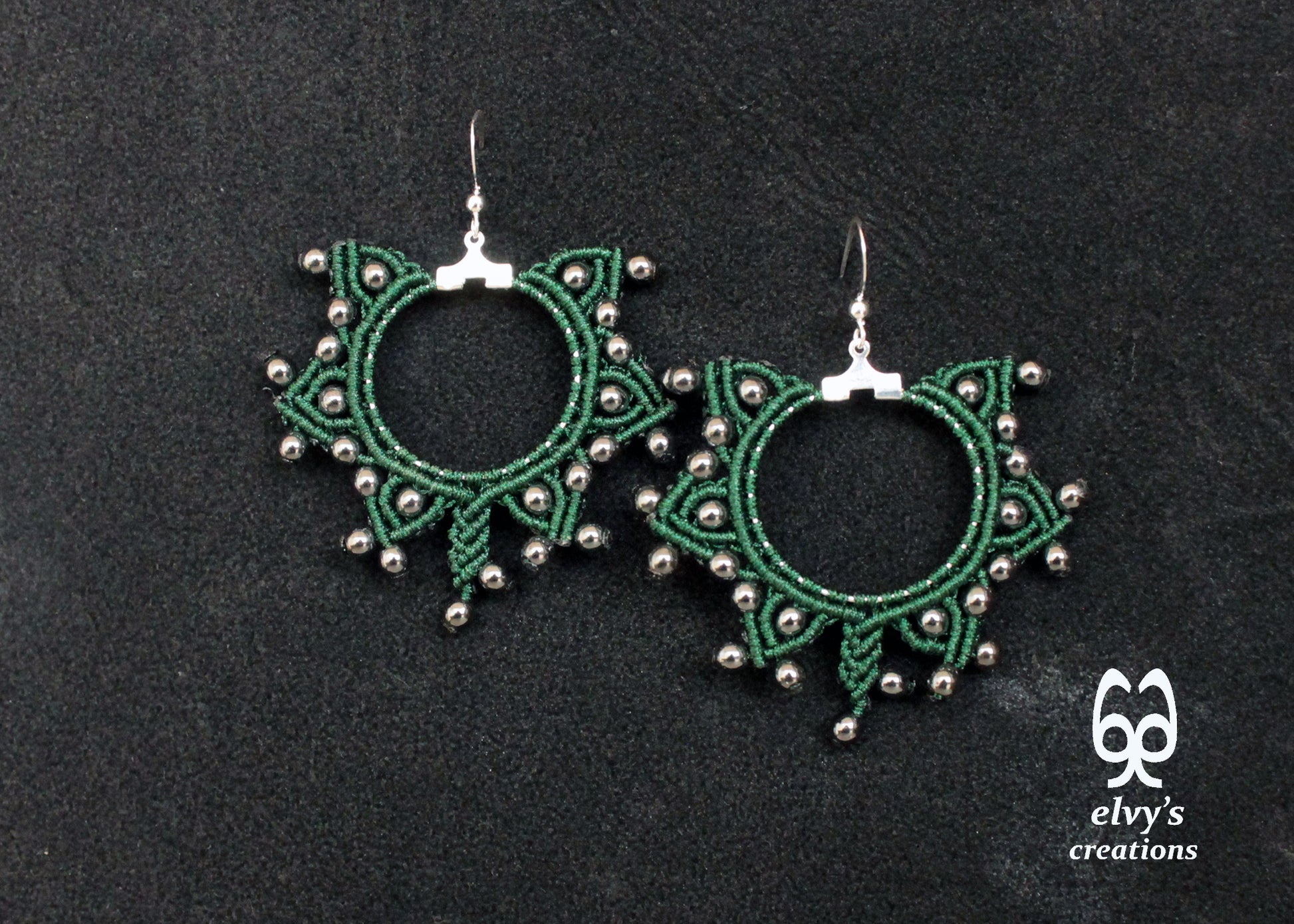 Green Silver Macrame Earrings, Hematite Dangle Gemstone Beads Earrings, Birthday Gift for Women