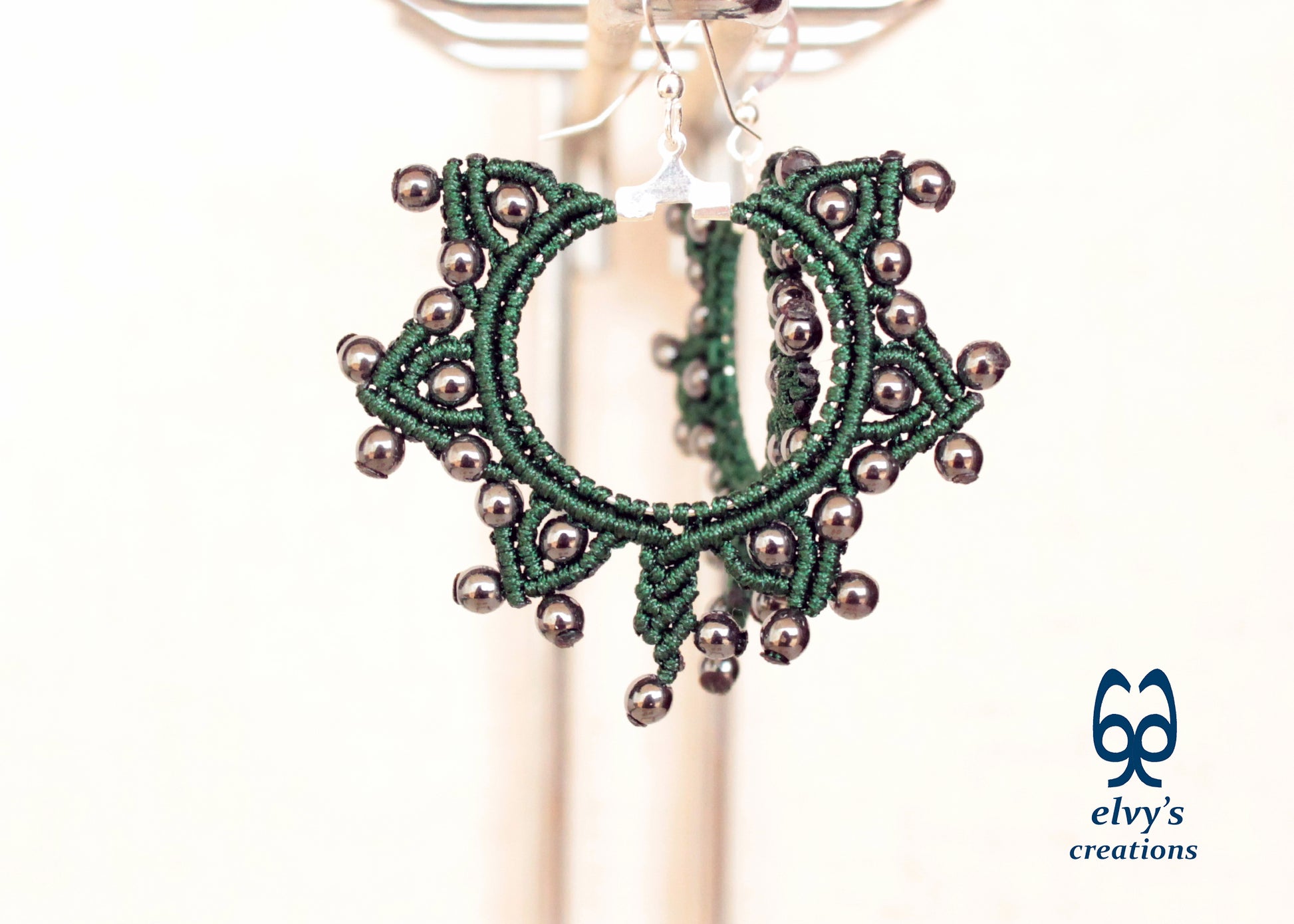 Green Gold Macrame Earrings, Hematite Dangle Gemstone Beads Earrings, Birthday Gift for Women
