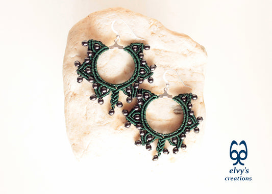 Green Gold Macrame Earrings, Hematite Dangle Gemstone Beads Earrings, Birthday Gift for Women