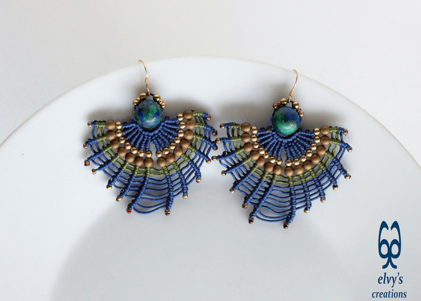 Macrame Earrings with Natural Amazonite and Hematite Peacock Colors and Small Brass Beads
