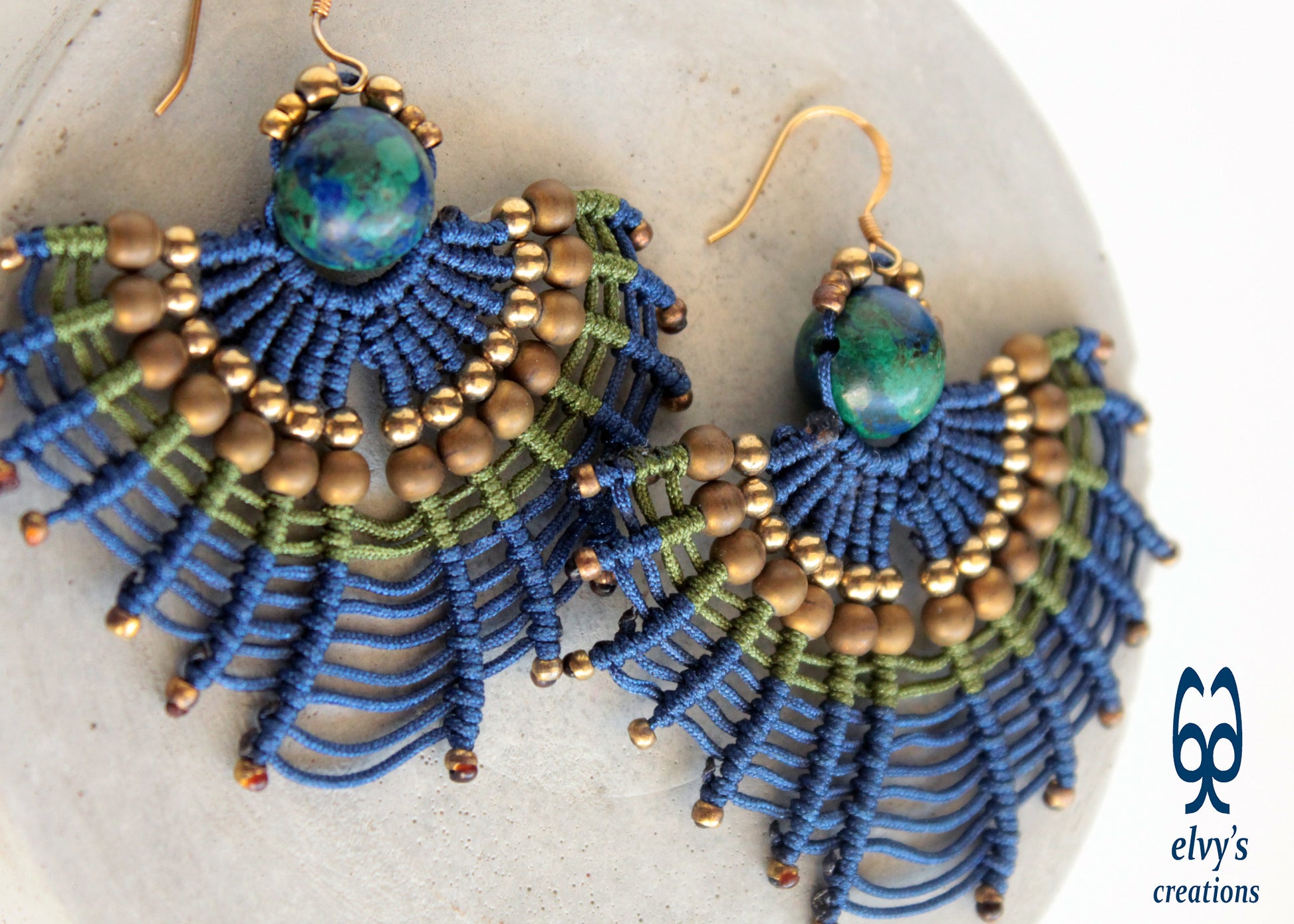 Macrame Earrings with Natural Amazonite and Hematite Peacock Colors and Small Brass Beads