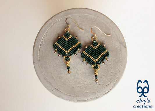 Handmade Green and Gold Macrame Earrings, Dangle Gemstone Beads Earrings, Birthday Gift for Women