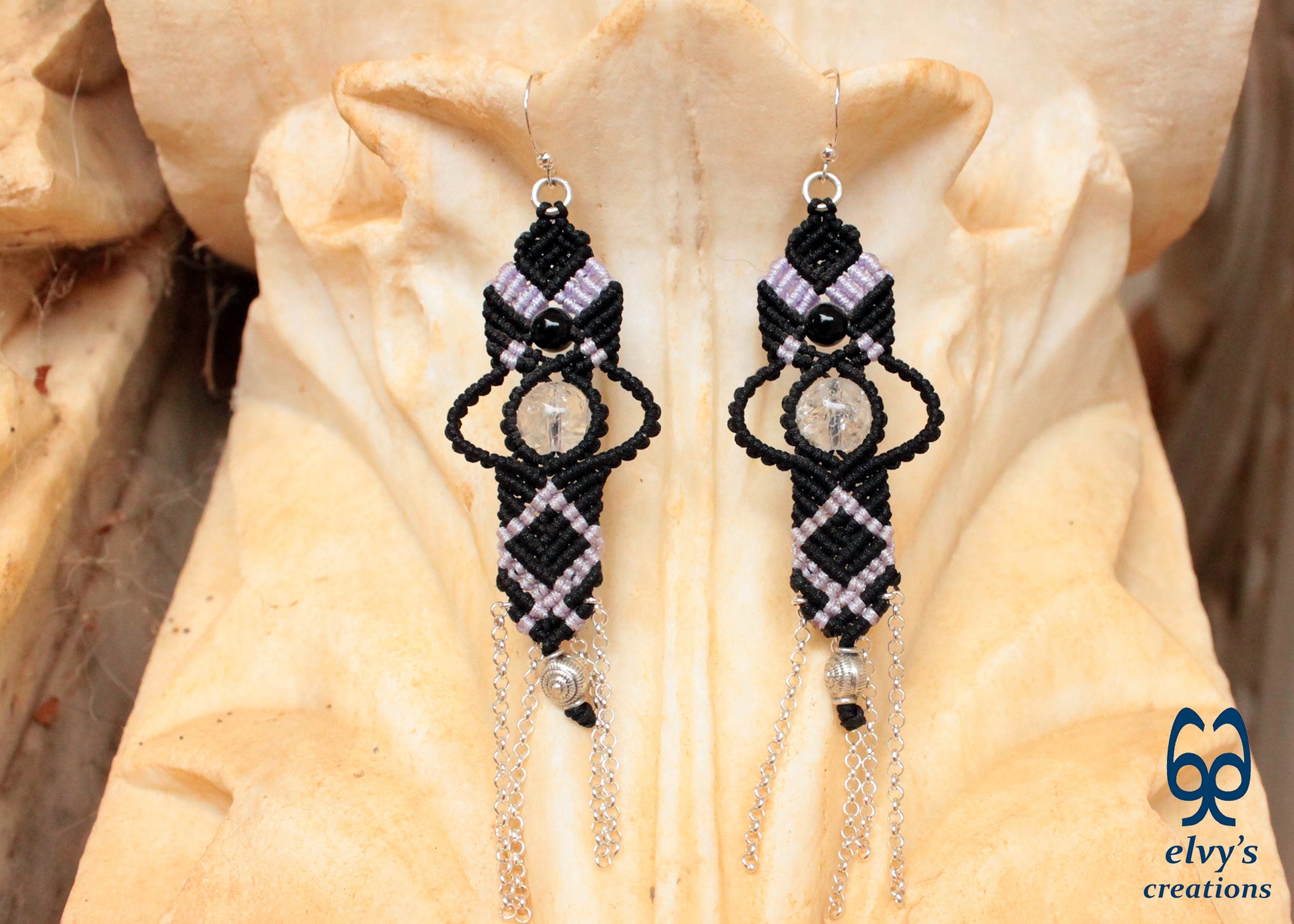 Handmade Silver Macrame Earrings, Crystal Handmade Jewelry, Birthday Gift for Women