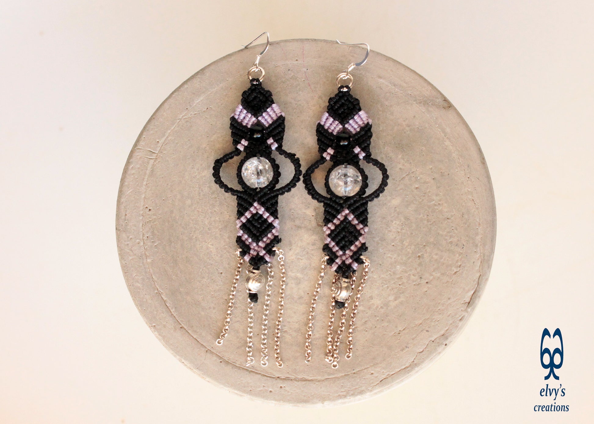 Black and Violet Purple Macrame Earrings with Onyx and Quartz Crystal Sterling Silver Chains Gift For Her
