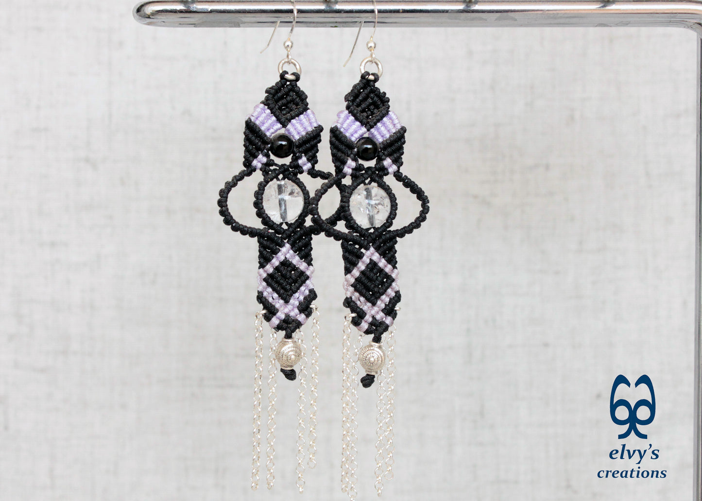 Black and Violet Macrame Earrings with Onyx and Crystal Quartz