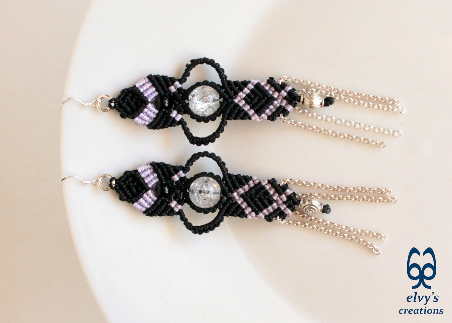 Black and Violet Purple Macrame Earrings with Onyx and Quartz Crystal Sterling Silver Chains Gift For Her