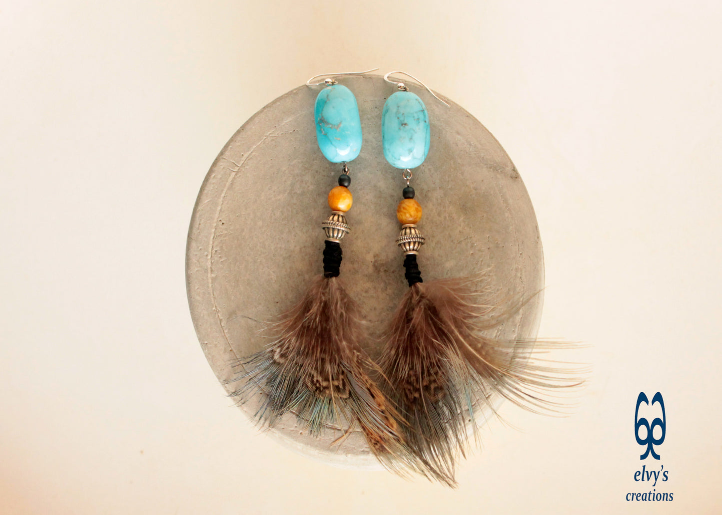 Turquoise Howlite Earrings with yellow Agate Jewelry with Natural Peacock Feathers Boho Jewelry Gift for her