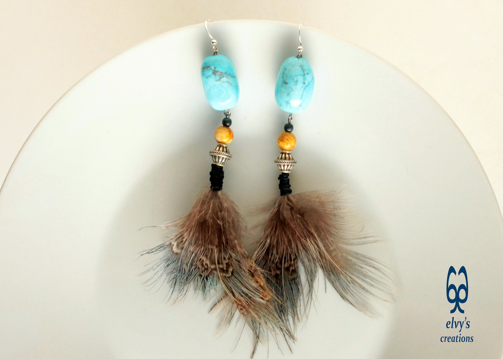 Turquoise Howlite Earrings with yellow Agate Jewelry with Natural Peacock Feathers Boho Jewelry Gift for her