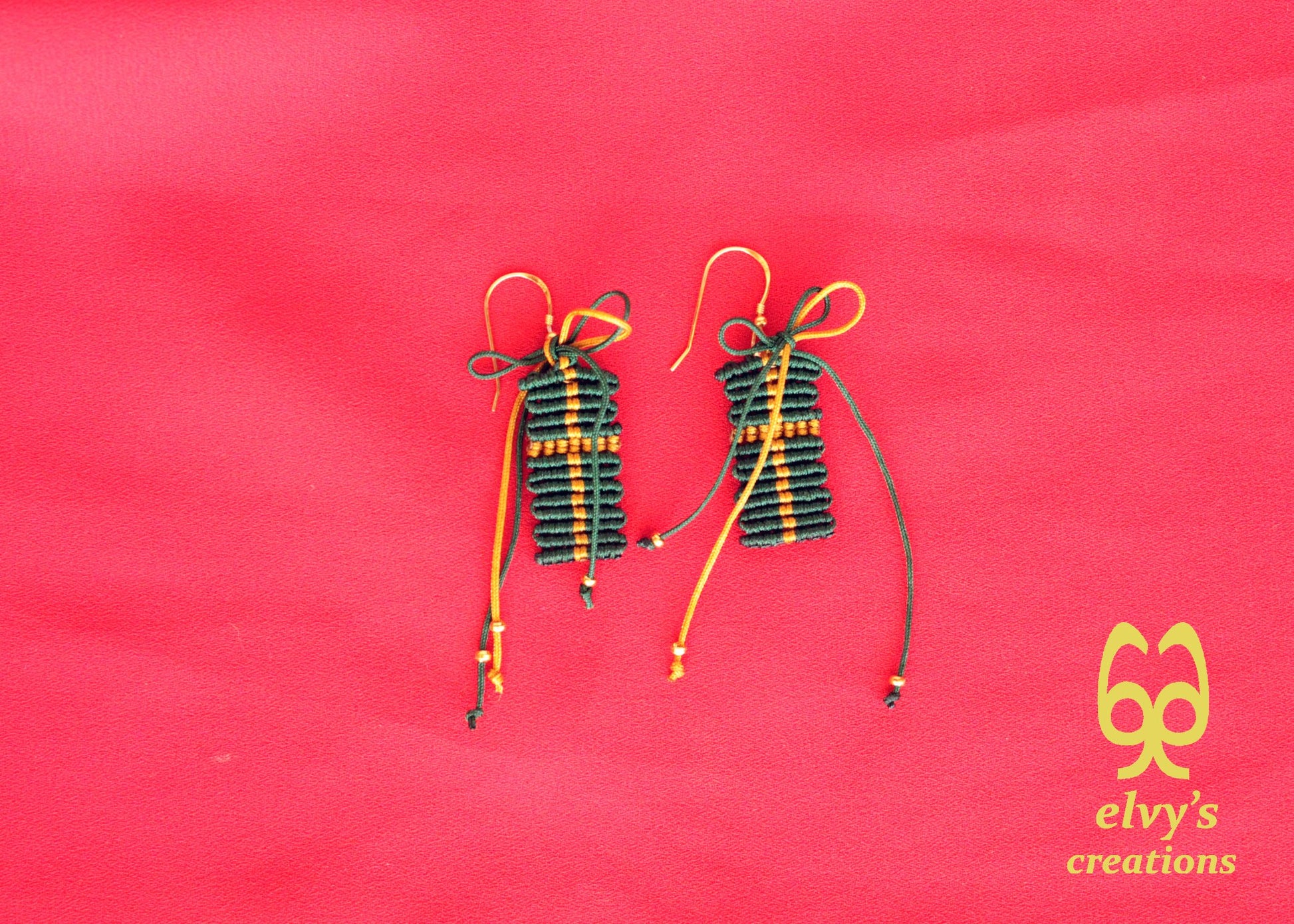 Christmas Present Macrame Earrings Holiday Season New Year Gift for her Green Christmas Present with Golden Brass Beads Sterling Silver 925