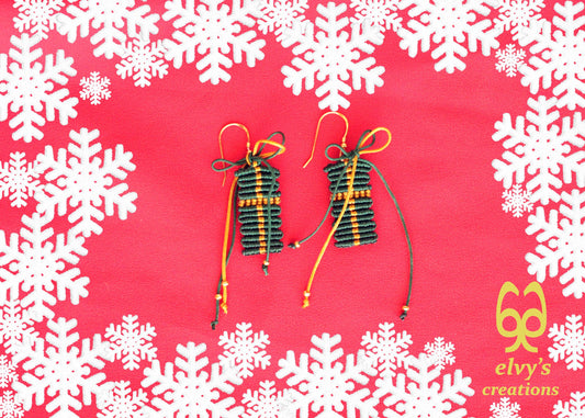 Christmas Present Macrame Earrings Holiday Season New Year Gift for her Green Christmas Present with Golden Brass Beads Sterling Silver 925