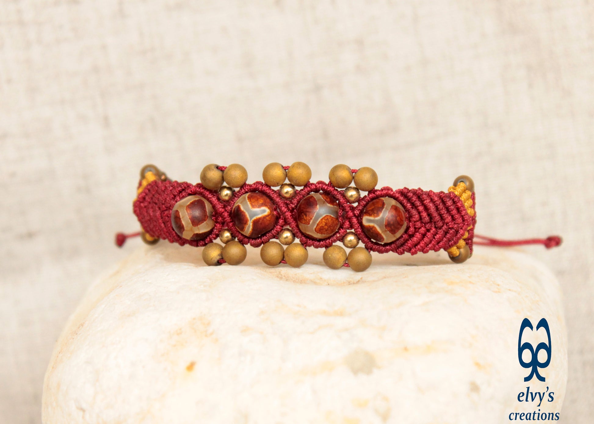 Macrame Red Agate and Gold Hematite Beaded Boho Tribal Fire Pebbles Festival Bracelet for Women