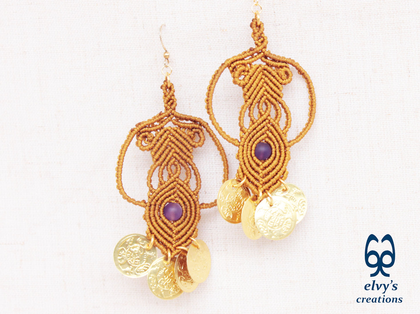 Gold Handmade Purple Macrame Earrings Long Dangle with Amethyst Gemstones, Χρυσά Μακραμέ Σκουλαρίκια με Φλουριά