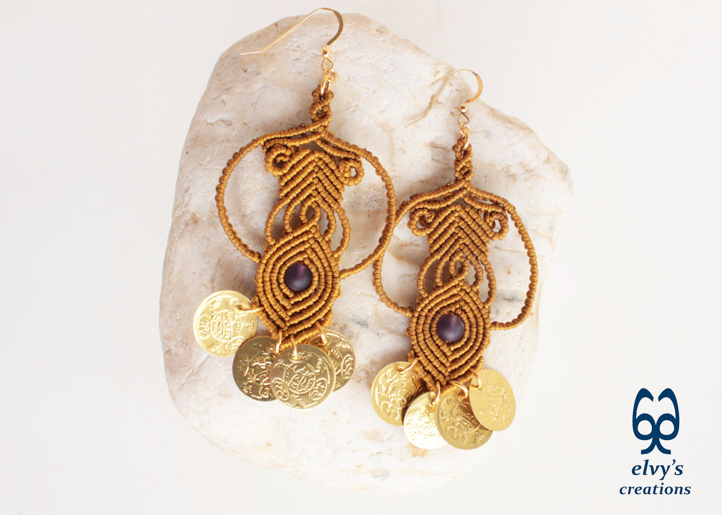 Gold Macramé Earrings with Amethyst and Coins
