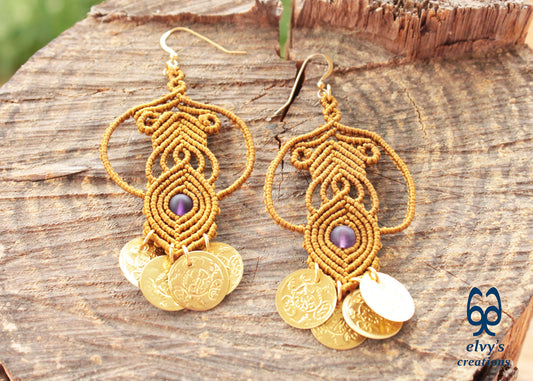 Gold Handmade Purple Macrame Earrings Long Dangle with Amethyst Gemstones, Χρυσά Μακραμέ Σκουλαρίκια με Φλουριά